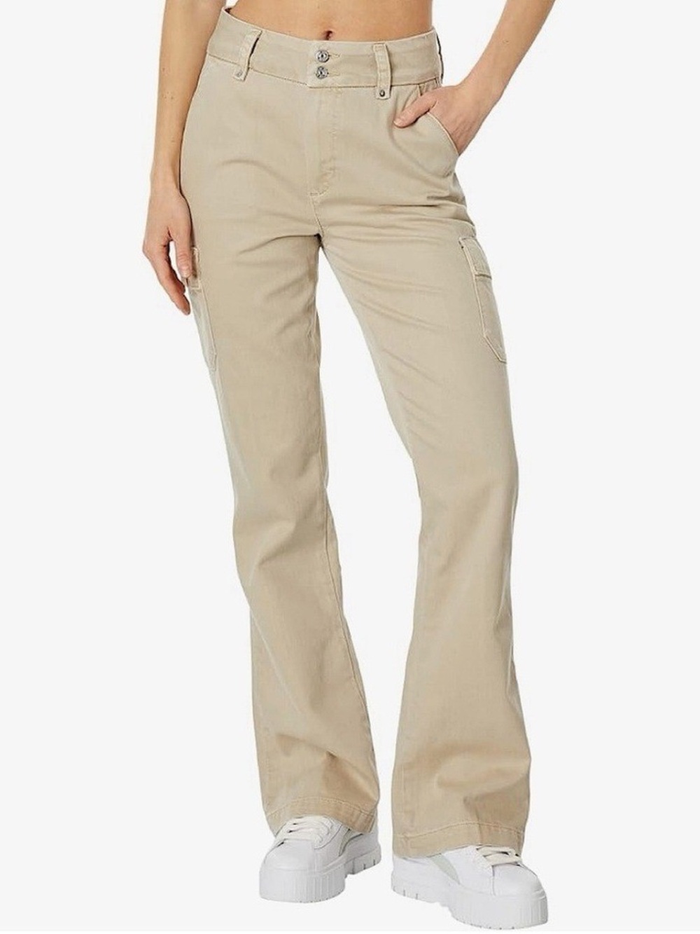 Paige Dion 32” High Rise Wide Leg Flare Cargo Pants Vintage Warm Sand Size 28